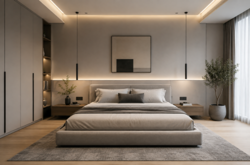 Modern minimalist bedroom with sleek furniture and warm lighting.