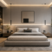 Modern minimalist bedroom with sleek furniture and warm lighting.
