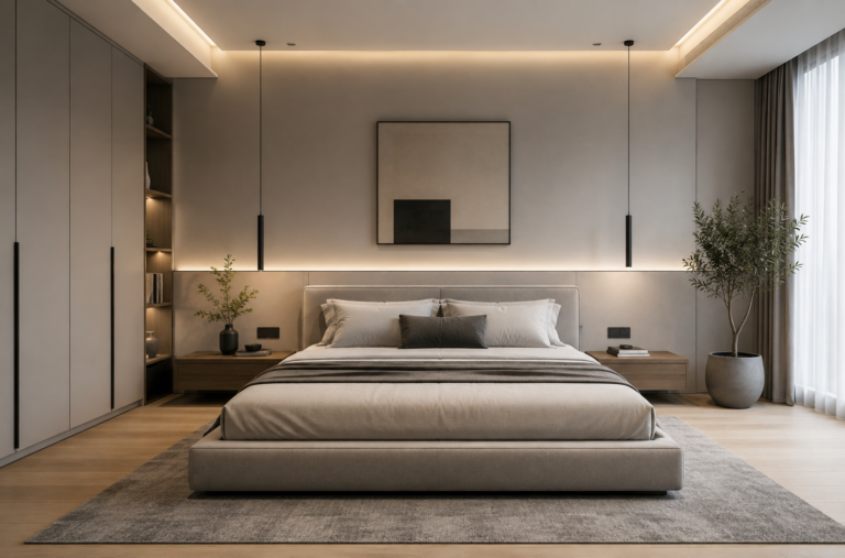 Modern minimalist bedroom with sleek furniture and warm lighting.
