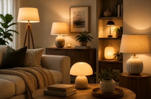 Cozy home with stylish modern lamps and warm ambient lighting.