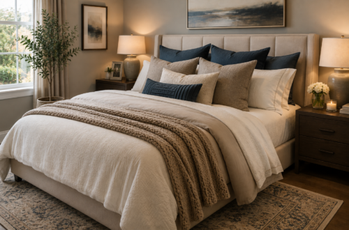 Luxury layered bed with neutral linen bedding in a modern cozy bedroom.