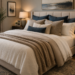 Luxury layered bed with neutral linen bedding in a modern cozy bedroom.