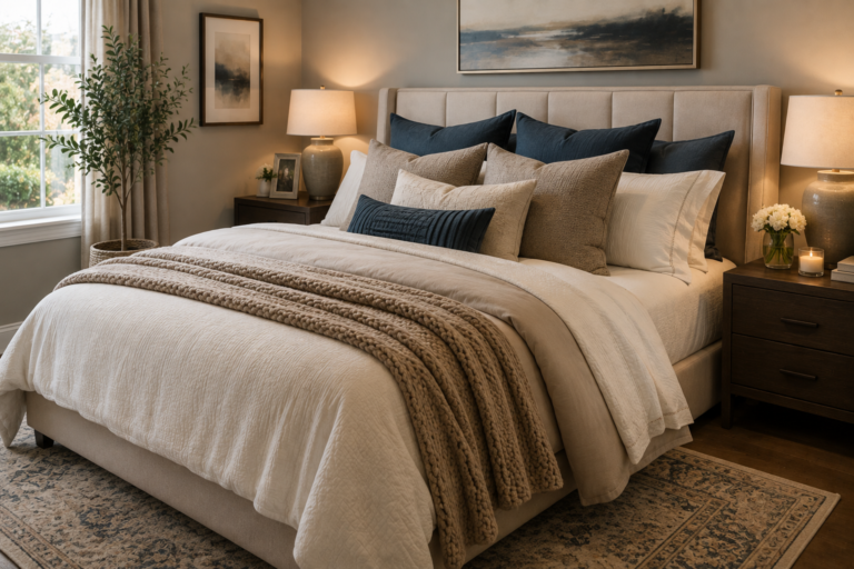 Luxury layered bed with neutral linen bedding in a modern cozy bedroom.