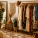 Boho chic living room with rattan furniture and warm neutral decor.