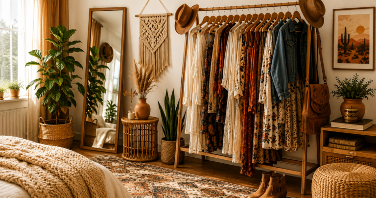 Boho chic living room with rattan furniture and warm neutral decor.