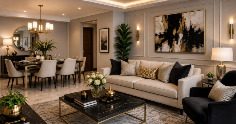 Modern luxury decor ideas featuring an elegant grey sofa, gold accent pillows, and abstract wall art in a stylish living room.