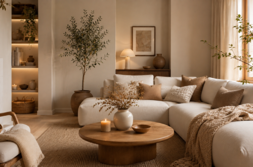 Warm minimalist living room with cozy decor.