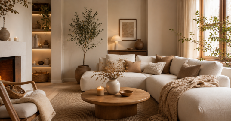 Warm minimalist living room with cozy decor.