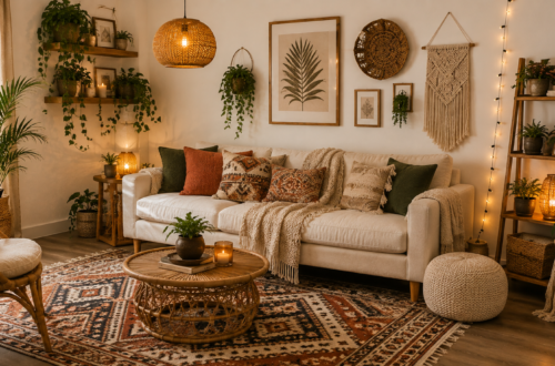 Cozy boho chic living room with plants and woven decor.