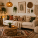 Cozy boho chic living room with plants and woven decor.