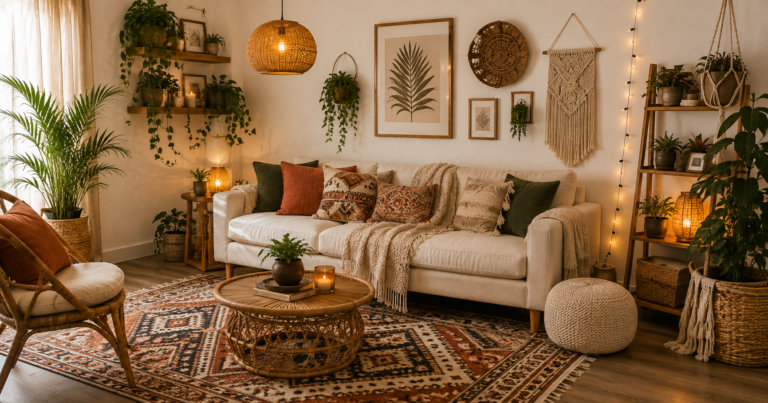 Cozy boho chic living room with plants and woven decor.