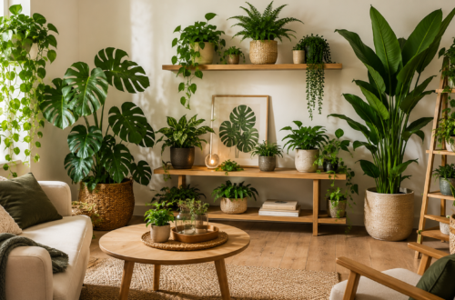 plants and natural decor in a bright living room