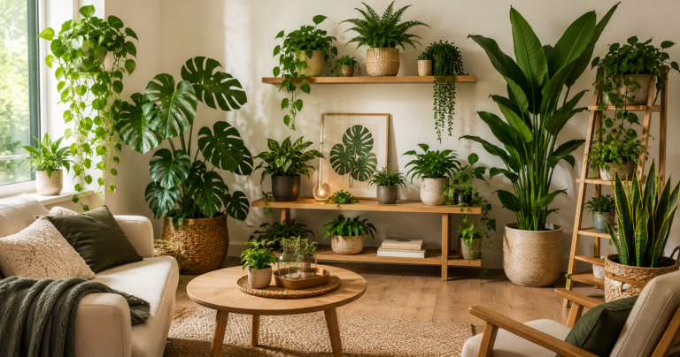 plants and natural decor in a bright living room